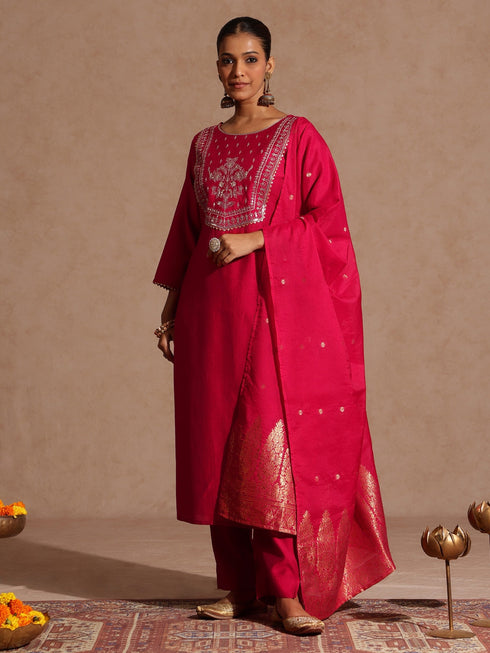 Janasya Women's Pink Silk Blend Zari Yoke Embroidered Straight Kurta Set